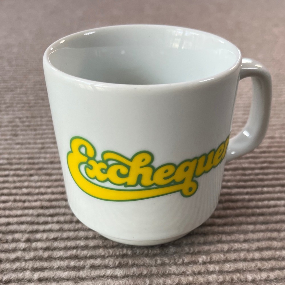 Vintage Inspired Exchequer Coffee Mug White Ceramic Yellow Green Retro Script